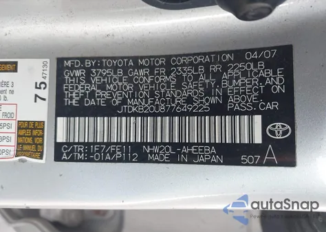 2007 Toyota Prius z USA, uszkodzony, nr VIN JTDKB20U877649225